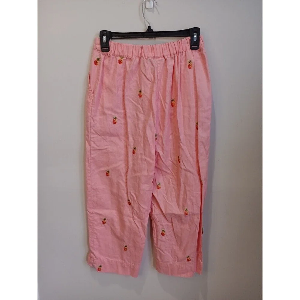 Sun Moda Resort Wear Capri Pants Pint Linen Cotton Embroidered Pineapples Small
